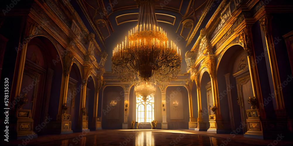 Majestic Palace with Lavish Decor and a Grand Chandelier . Generative AI