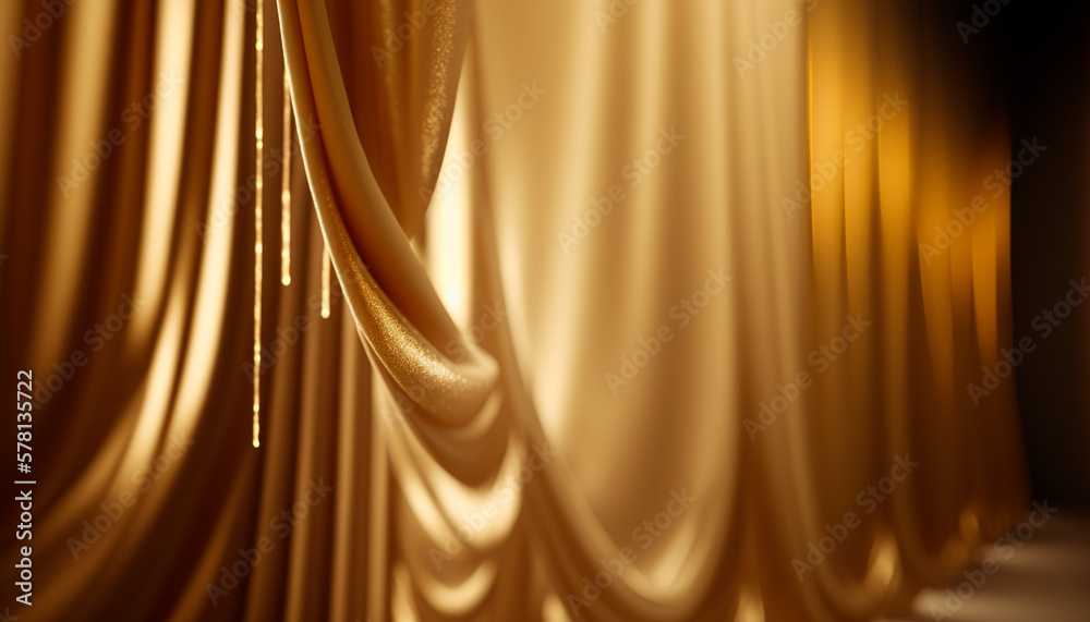 Stage Drapes Curtains Wave Pattern Bright Gold Silk Fabric . Generative ai