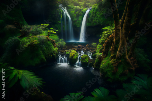 Majestic Waterfalls.  Generative AI. © EwaStudio