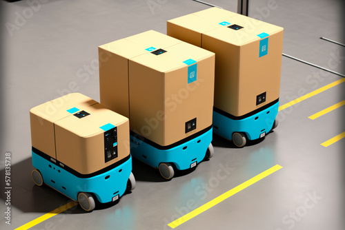 Autonomous robots moving packages. Smart warehouse with automated robots delivering orders. generative AI 