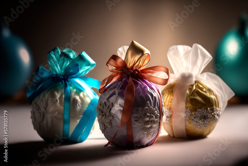multi colored and different sizes of colourful foil wrapped chocolate easter eggs. Generative ai