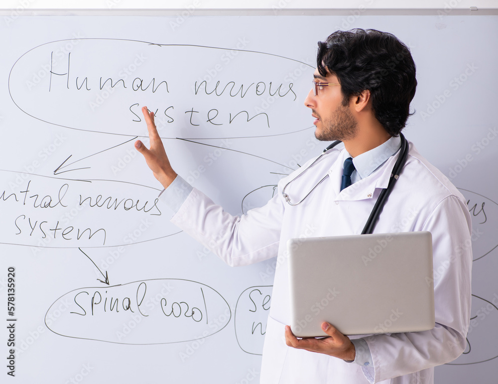 Young male doctor neurologist in front of whiteboard Young male doctor neurologist in front of whiteboard