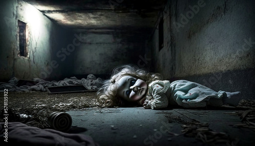 Creepy, broken doll in the middle of an abandoned room. Ai llustration, fantasy digital, artificial intelligence artwork