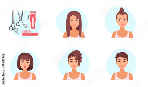 Haircuts of woman set vector illustration. Cartoon portrait of cute girls with different hairstyles, happy female character with fashion short and brown long hair, salon scissors, comb and clipper