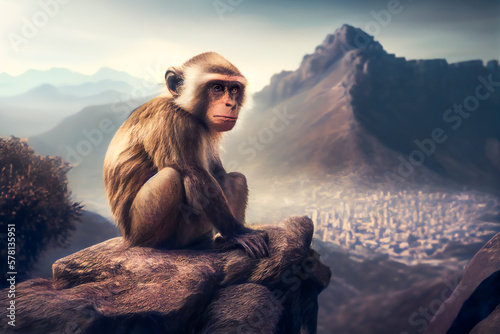 Monkey Contemplating the Splendid Mountain Landscape. Generative AI © EwaStudio