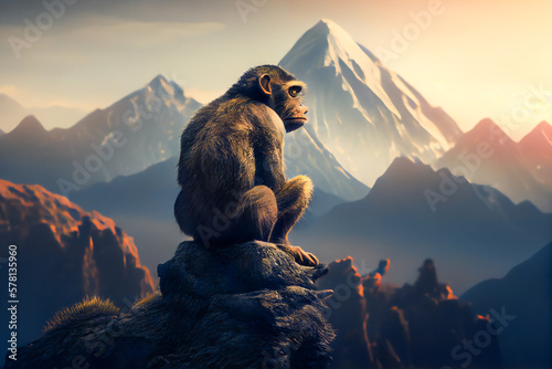 Monkey Contemplating the Splendid Mountain Landscape. Generative AI