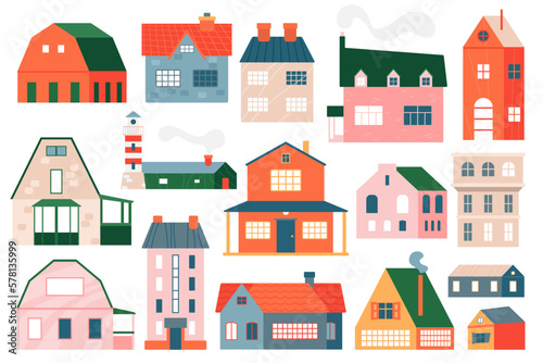 Vector illustration of cute cartooon charming small town village houses with doors, windows, chimneys, and roofs emitting smoke. Front view of a variety of brick cottages and apartments.
