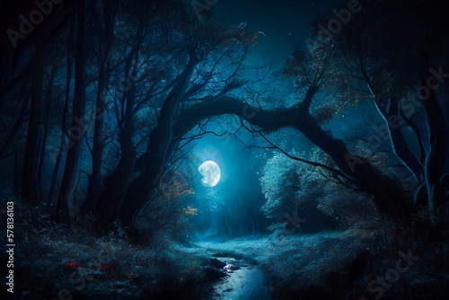 Mystical Moonlight Forest. Generative AI.