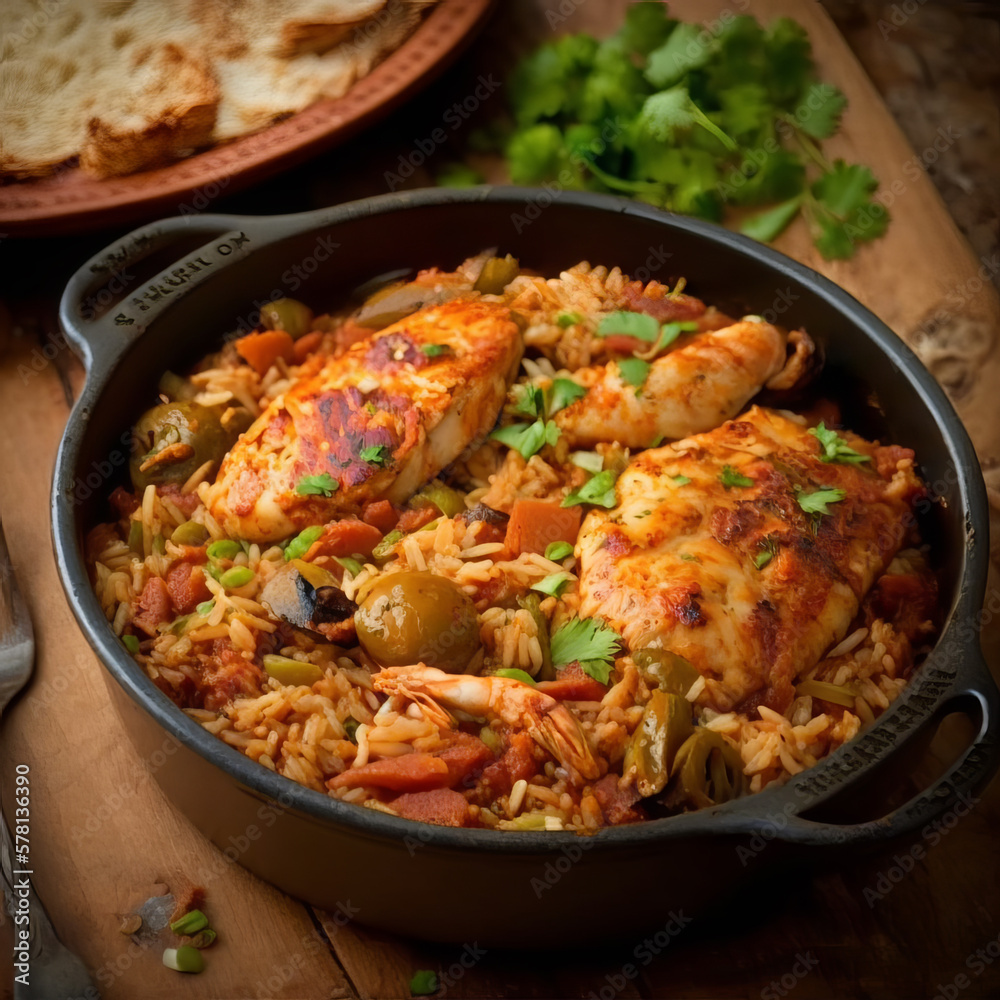 spiced chicken and rice paella in a metal pan, on a kitchen table with herbs out of focus, created with generative ai tools spiced chicken and rice paella in a metal pan, on a kitchen table with herbs out of focus, created with generative ai tools