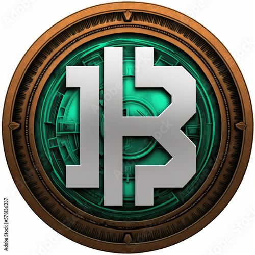  a logo of the decentralized Bitcoin blockchain technology, in the style of bronzepunk. emerald and bronze coin. created with generative ai tools photo
