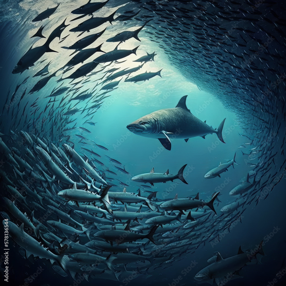 The Ocean's Apex Predators: A Group of Sharks underwater, created with