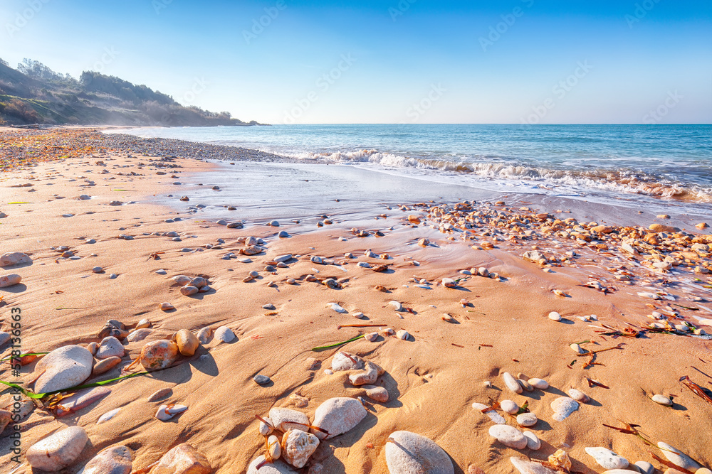 Fabulous view azure sea glowing by sunlight. Dramatic morning scene Fabulous view azure sea glowing by sunlight. Dramatic morning scene