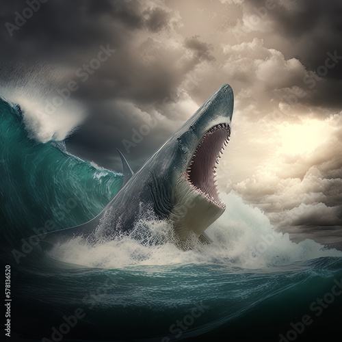 megalodon shark jumping out of a stormy sea. dark clouds and waves crashing  generated with ai tools