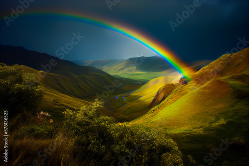 Lush Overlook.  A Picturesque Rainbow Scenery on a Beautiful Hill. Generative AI © EwaStudio