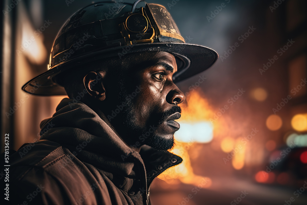 Fireman profile in front of burning building by generative AI Fireman profile in front of burning building by generative AI
