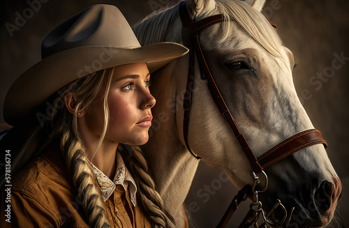 Young cowgirl and horse by generative AI photo