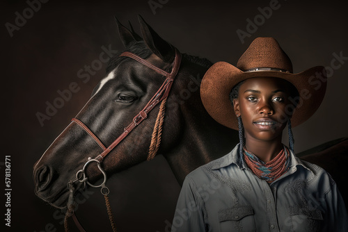 Black cowgirl posing with horse by generative AI