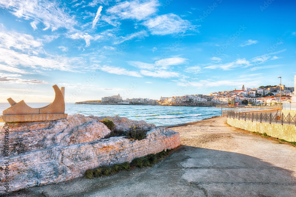 Fototapeta premium Marvelous view of historic center and promenade of the city of Vieste at sunrise