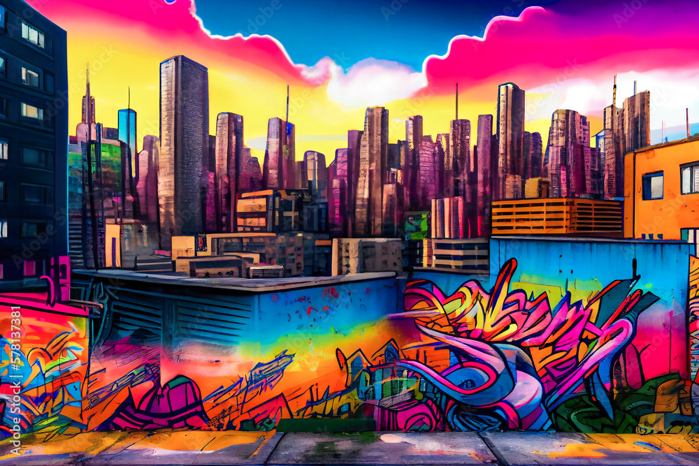 Colorful Cityscape. A Vibrant Display of Urban Street Art and Graffiti with a Skyline Backdrop