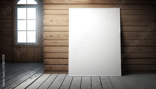 Blank white paper poster on plank wooden floor and wall. Generative ai