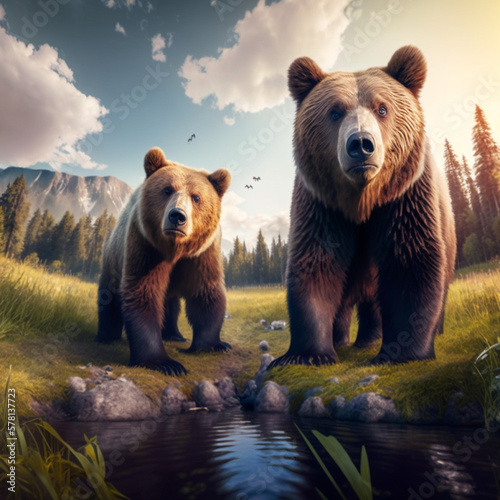 Couple of bears curious in the wild looking at the camera. Wide Angle - Generative ai