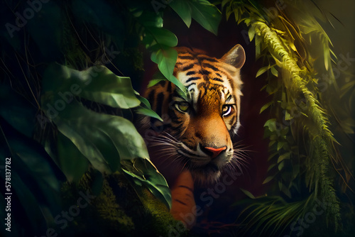 Tiger Hiding in the Corner of a Green Jungle. Generative AI