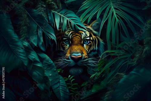 Tiger Hiding in the Corner of a Green Jungle. Generative AI © EwaStudio