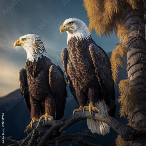 Couple of bald eagles curious in the wild looking at the distance. Wide Angle - Generative ai photo