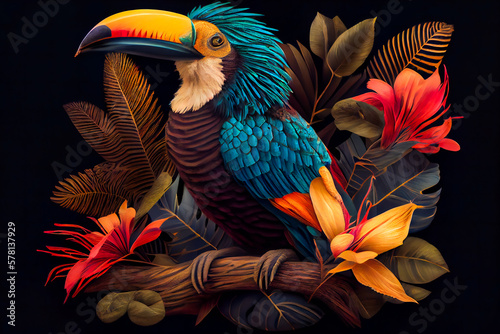 Spectacular Tropical Dreamlike Avian.  Marvelous Unearthly Bird. Generative AI © EwaStudio