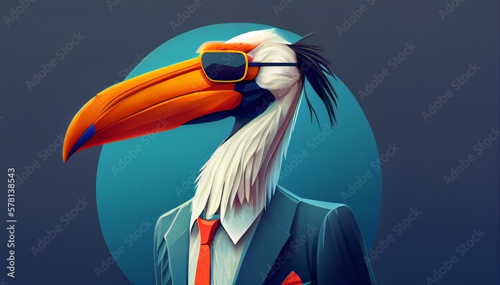 Fototapeta premium Fashion pelican in color suit with sunglasses on a solid color background, vector art, digital art, faceted, minimal, abstract, geometric. Generative AI.