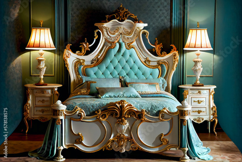  Elegant bedroom interior in baroque style. Romantic bedroom. Generative AI.