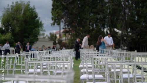 Guests arriving to wedding event and making photos of venue