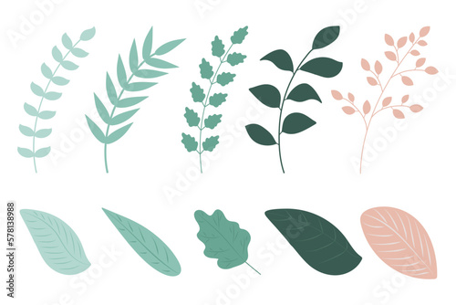Set of twigs and leaves for design in mint and pink pastel colors. Elements are isolated and editable