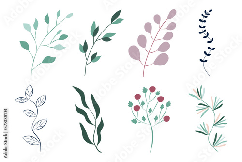 Sprigs of leaves in mint and pink color for the design of postcard invitations, pattern, wallpaper, packaging. Editable design.