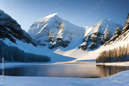 A Winter Spectacle: Snow-Capped Mountain and Serene River with Generative AI 