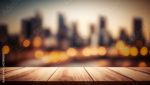Wooden board empty table top blurred background. perspective brown wood table over blur city building view background.Generative ai