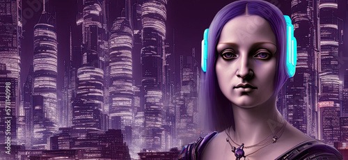 Monalisa Surrealistic concept. Future Interpretation of the Mona Lisa painting. Image proportion 16:9.   AI generative