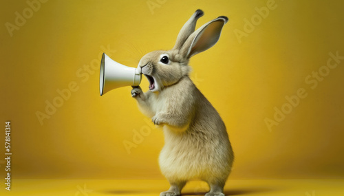 Cute Easter Bunny holding megaphone and roaring. Easter advertising. Generative AI