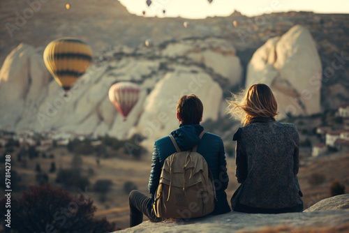A loving couple sitting at Cappadocia Turkey watching hot air balloons wanderlust travel
