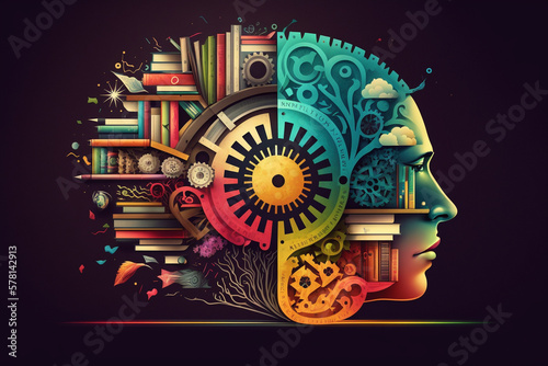 a colorful collage business with brain and books.