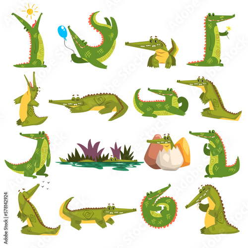 Cute crocodiles in different activities set. Funny alligator walking  sleeping and swimming vector