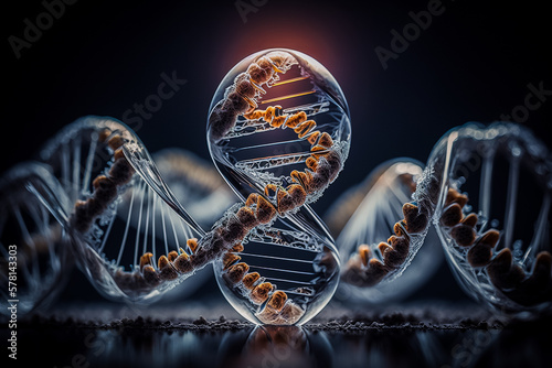 Représentation stylisée d'une molécule d'ADN, mettant en évidence sa structure complexe avec des éléments abstraits et lumineux - Générative IA