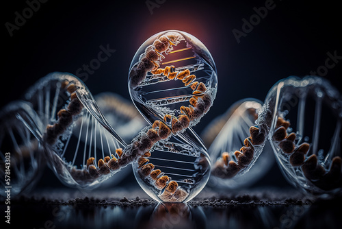 Représentation stylisée d'une molécule d'ADN, mettant en évidence sa structure complexe avec des éléments abstraits et lumineux - Générative IA photo