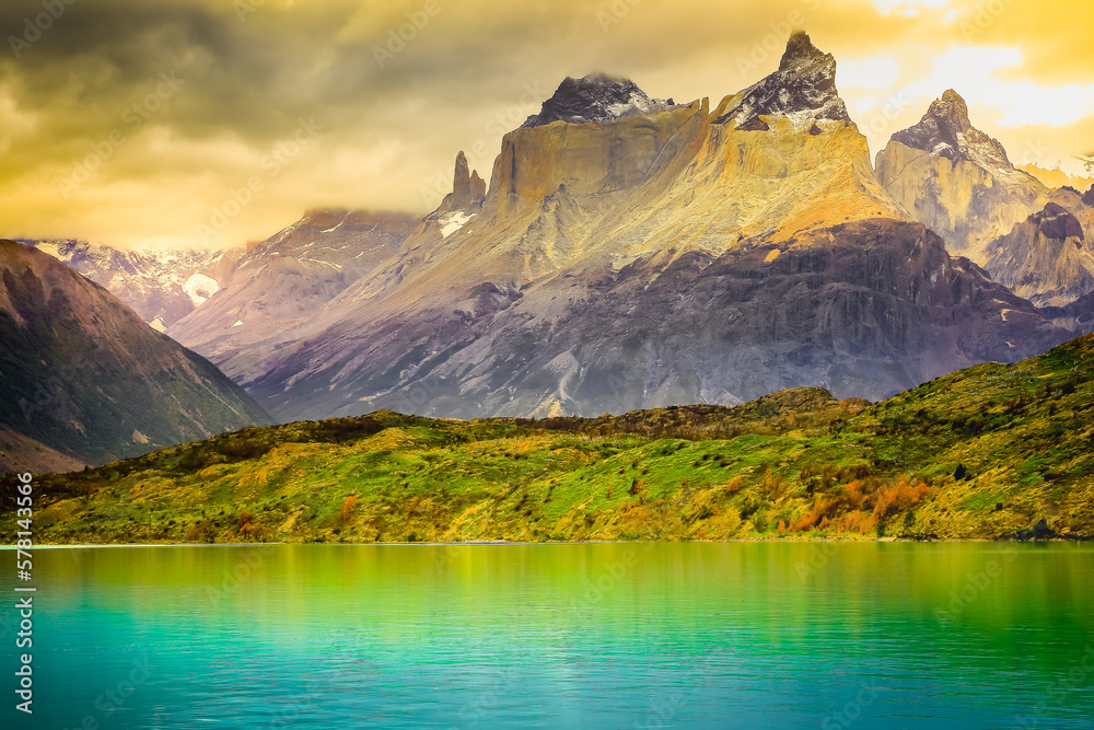 Horns of Paine and Lake Pehoe at sunset, Torres Del Paine, Patagonia, Chile