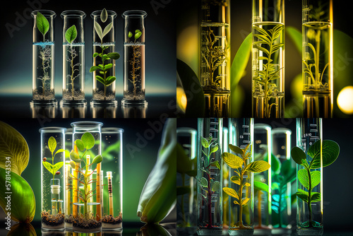 Eprouvettes, tubes à essai, avec plantes, recherche, science, biologie, biotechnologie, laboratoire - Générative IA
