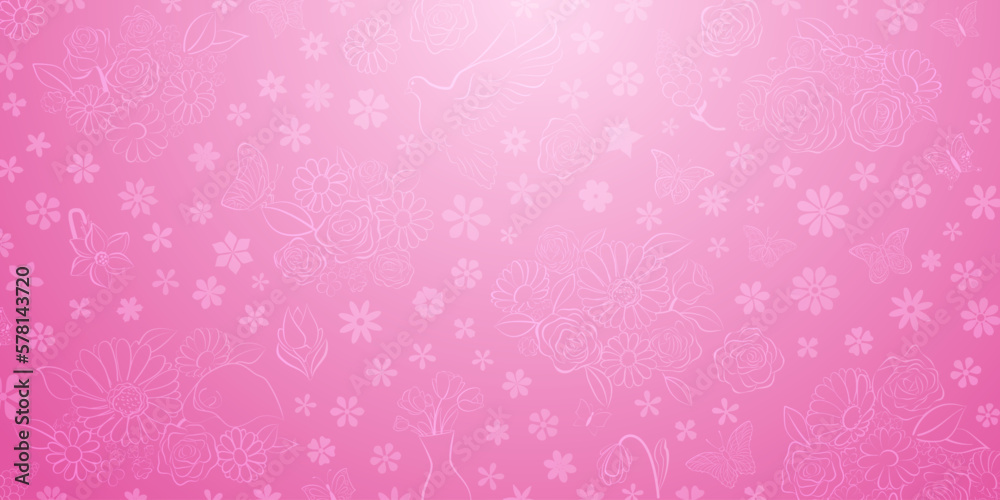 Spring background in pink colors made of various flowers, birds and butterflies Spring background in pink colors made of various flowers, birds and butterflies