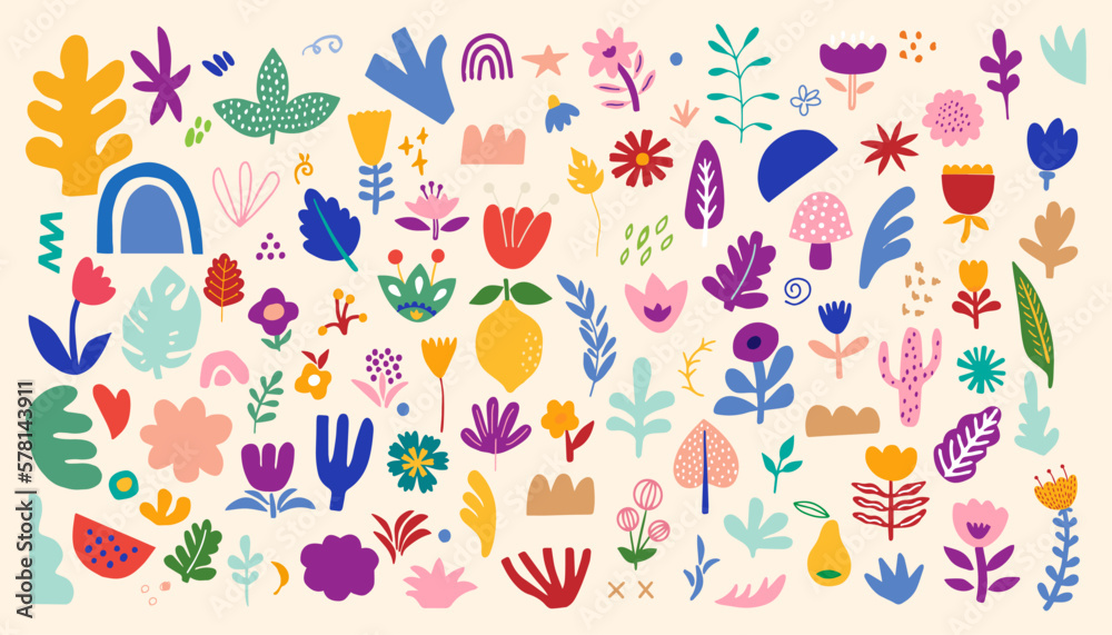 Big vector spring and summer collection of flowers, leaves, abstract elements and spring symbols. Big vector spring and summer collection of flowers, leaves, abstract elements and spring symbols.
