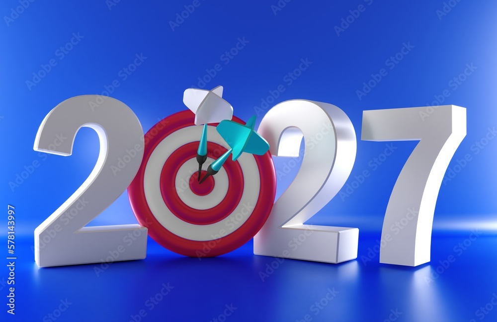 Word 3D Text 2027 with small dartboard on blue background. 3D Rendering. Successful business startup. Creative motivation with copy space. Word 3D Text 2027 with small dartboard on blue background. 3D Rendering. Successful business startup. Creative motivation with copy space.