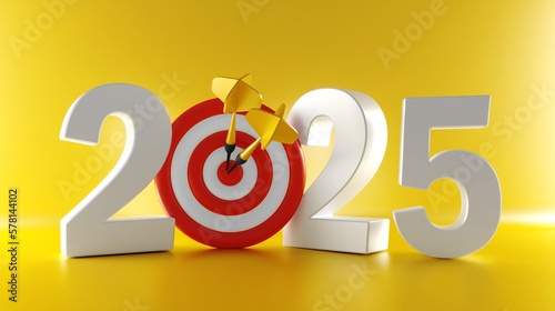 3D Text 2025 year rocket launch. 3D Rendering. New Year, christmas. Successful business startup. Creative motivation with copy space. 