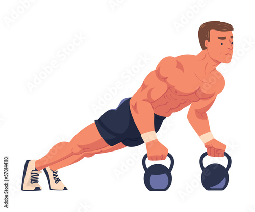 Crossfit Workout with Man Standing in Plank with Kettlebell Doing Physical Exercise Vector Illustration